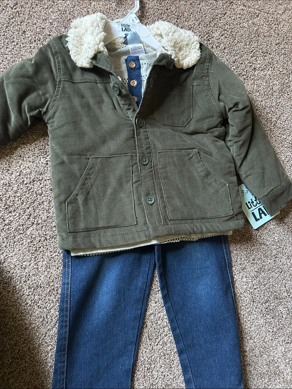 2t/24 months toddler bundle Cream jean Jacket with Olive Sherpa-Lined Coat Set